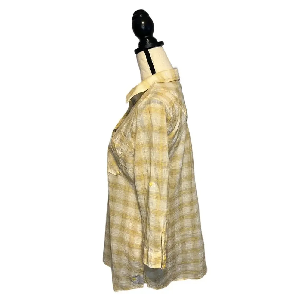 a.n.a A New Approach 1/2 Button Tunic Womens Size M Yellow Plaid w/ Patch Pocket - Picture 4 of 7